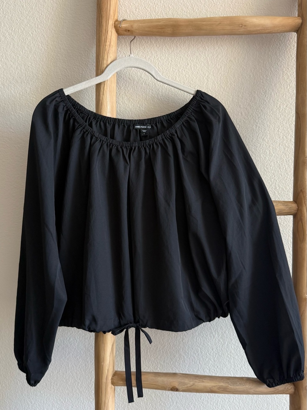 James Perse Black Off-Shoulder Drawstring Hem Blouse